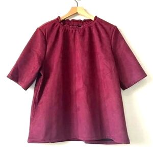 Ann Taylor NWT faux suede ruffle neck short sleeve top XL. Maroon Burgundy Red